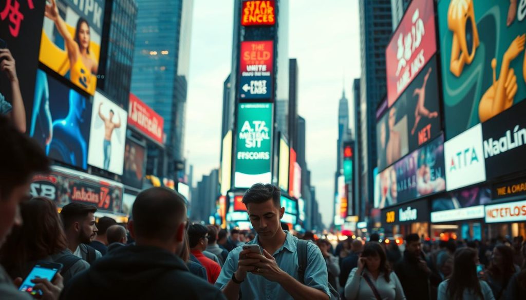 A bustling metropolis at dusk, neon lights and digital billboards commanding attention. In the foreground, a crowd of people engrossed in their smartphones, their faces aglow with the allure of endless content. In the middle ground, a lone figure stands, looking up from their device, a contemplative expression as they gaze upon the sensory bombardment surrounding them. The background is a kaleidoscope of visual stimuli - skyscrapers, traffic, and the ever-present glow of screens, symbolizing the cultural shift towards a society captivated by the siren call of digital distractions. The scene is lit with a warm, cinematic lighting, creating a moody, introspective atmosphere that invites the viewer to ponder the evolving landscape of modern attention. A bustling metropolis at dusk, neon lights and digital billboards commanding attention. In the foreground, a crowd of people engrossed in their smartphones, their faces aglow with the allure of endless content. In the middle ground, a lone figure stands, looking up from their device, a contemplative expression as they gaze upon the sensory bombardment surrounding them. The background is a kaleidoscope of visual stimuli - skyscrapers, traffic, and the ever-present glow of screens, symbolizing the cultural shift towards a society captivated by the siren call of digital distractions. The scene is lit with a warm, cinematic lighting, creating a moody, introspective atmosphere that invites the viewer to ponder the evolving landscape of modern attention.