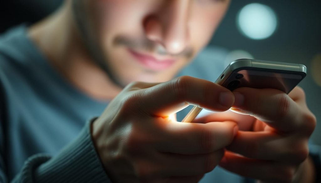 A close-up view of a person's hands tapping frantically on a smartphone screen, their eyes glued to the display. The smartphone is brightly lit, casting a soft glow on the user's face, conveying a sense of immersion and captivation. The background is blurred, emphasizing the intense focus on the device. The scene suggests a state of instant gratification, with the user's attention completely absorbed by the alluring and addictive nature of social media apps. A close-up view of a person's hands tapping frantically on a smartphone screen, their eyes glued to the display. The smartphone is brightly lit, casting a soft glow on the user's face, conveying a sense of immersion and captivation. The background is blurred, emphasizing the intense focus on the device. The scene suggests a state of instant gratification, with the user's attention completely absorbed by the alluring and addictive nature of social media apps.