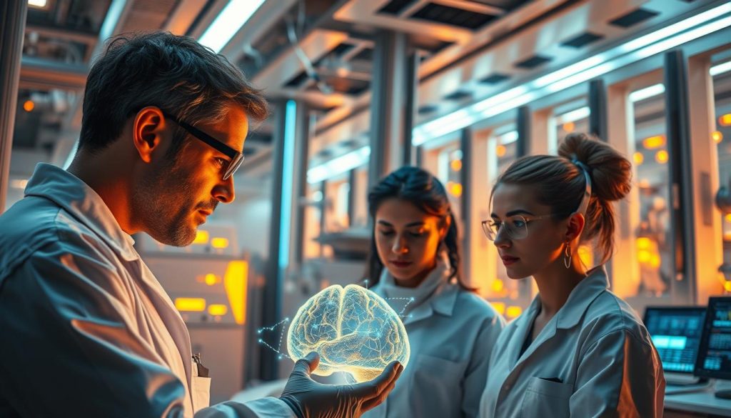 A futuristic research laboratory, bathed in warm, ambient lighting. In the foreground, a team of scientists closely examine a glowing holographic display, their expressions intense as they study the intricate patterns of neural activity. In the middle ground, advanced equipment whirs and blinks, gathering and analyzing data on the complex relationship between dopamine, technology, and human behavior. The background is filled with towering, sleek structures, hinting at the scale and sophistication of this cutting-edge facility dedicated to unraveling the mysteries of the mind in the digital age. A futuristic research laboratory, bathed in warm, ambient lighting. In the foreground, a team of scientists closely examine a glowing holographic display, their expressions intense as they study the intricate patterns of neural activity. In the middle ground, advanced equipment whirs and blinks, gathering and analyzing data on the complex relationship between dopamine, technology, and human behavior. The background is filled with towering, sleek structures, hinting at the scale and sophistication of this cutting-edge facility dedicated to unraveling the mysteries of the mind in the digital age.