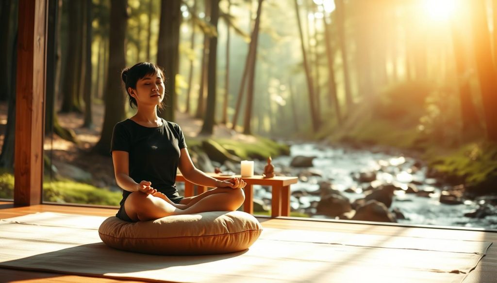 A serene meditation space in warm natural light. In the foreground, a person sits cross-legged on a plush cushion, eyes closed, palms resting gently on their lap. The middle ground features a simple altar with a candle, a small Buddha statue, and a few river stones. The background depicts a tranquil forest scene with tall trees, filtering sunlight, and a meandering stream. The overall atmosphere conveys a sense of focus, mindfulness, and inner calm. A serene meditation space in warm natural light. In the foreground, a person sits cross-legged on a plush cushion, eyes closed, palms resting gently on their lap. The middle ground features a simple altar with a candle, a small Buddha statue, and a few river stones. The background depicts a tranquil forest scene with tall trees, filtering sunlight, and a meandering stream. The overall atmosphere conveys a sense of focus, mindfulness, and inner calm.