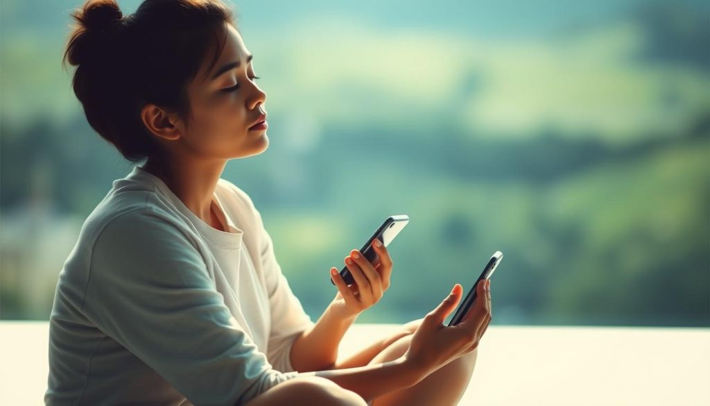 A thoughtful individual sitting cross-legged, eyes closed, smartphone gently resting in their palm. Soft, natural lighting illuminates their serene expression, conveying a sense of inner peace and mindfulness. The background features a calming, blurred landscape with hues of green and blue, suggesting a tranquil outdoor setting. The overall composition evokes a harmonious balance between digital connectivity and emotional well-being, hinting at the delicate interplay between technology and the human experience. A thoughtful individual sitting cross-legged, eyes closed, smartphone gently resting in their palm. Soft, natural lighting illuminates their serene expression, conveying a sense of inner peace and mindfulness. The background features a calming, blurred landscape with hues of green and blue, suggesting a tranquil outdoor setting. The overall composition evokes a harmonious balance between digital connectivity and emotional well-being, hinting at the delicate interplay between technology and the human experience.