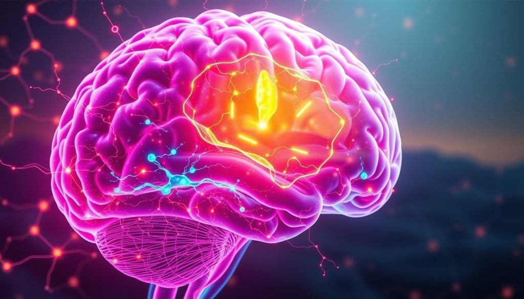 An intricate brain cross-section, with neurons firing in a vibrant display of dopamine-fueled activity. The foreground features a glowing, neon-hued neural network, pulsing with electrical impulses. In the middle ground, a detailed illustration of the prefrontal cortex, the region responsible for attention and focus, is bathed in a soft, warm light. The background is a serene, abstract landscape, representing the mind's inner workings, with a subtle gradient evoking the ebb and flow of concentration. Rendered in a hyper-realistic style, the image conveys the powerful influence of dopamine on our attention span, the driving force behind our screen-time habits. An intricate brain cross-section, with neurons firing in a vibrant display of dopamine-fueled activity. The foreground features a glowing, neon-hued neural network, pulsing with electrical impulses. In the middle ground, a detailed illustration of the prefrontal cortex, the region responsible for attention and focus, is bathed in a soft, warm light. The background is a serene, abstract landscape, representing the mind's inner workings, with a subtle gradient evoking the ebb and flow of concentration. Rendered in a hyper-realistic style, the image conveys the powerful influence of dopamine on our attention span, the driving force behind our screen-time habits.