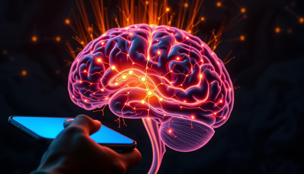 A detailed cross-section of the brain's reward system, with glowing neural pathways representing the release of dopamine triggered by the compulsive use of a smartphone. In the foreground, a person's hand holds a sleek, modern mobile device, the screen casting a mesmerizing blue glow. The middle ground features a complex network of neurons, synapses, and neurotransmitters, all illuminated by a warm, pulsing light. In the background, a backdrop of dark, shadowy textures evokes the addictive and captivating nature of mobile technology. The scene is captured with cinematic lighting, creating a sense of depth and drama, highlighting the powerful connection between our brains, our devices, and the behavioral triggers that drive mobile addiction. A detailed cross-section of the brain's reward system, with glowing neural pathways representing the release of dopamine triggered by the compulsive use of a smartphone. In the foreground, a person's hand holds a sleek, modern mobile device, the screen casting a mesmerizing blue glow. The middle ground features a complex network of neurons, synapses, and neurotransmitters, all illuminated by a warm, pulsing light. In the background, a backdrop of dark, shadowy textures evokes the addictive and captivating nature of mobile technology. The scene is captured with cinematic lighting, creating a sense of depth and drama, highlighting the powerful connection between our brains, our devices, and the behavioral triggers that drive mobile addiction.