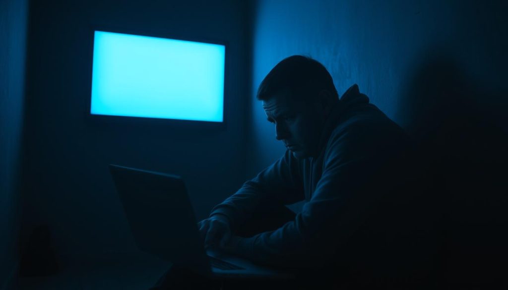 A dimly lit room, the walls closing in. A lone figure sits hunched, laptop forgotten, gaze fixed on a flickering screen. Shadows cast by the harsh blue light accentuate the deep creases of worry on their face. The air is thick with a palpable sense of isolation and dread, as if the world beyond the screen has faded into insignificance. The scene is captured through a vintage lens, lending an ominous, subdued tone, as if the viewer is an unwelcome guest in this private moment of emotional turmoil. Muted colors and soft, diffused lighting create a melancholic atmosphere, reflecting the subject's inner state of social anxiety and detachment from the physical world. A dimly lit room, the walls closing in. A lone figure sits hunched, laptop forgotten, gaze fixed on a flickering screen. Shadows cast by the harsh blue light accentuate the deep creases of worry on their face. The air is thick with a palpable sense of isolation and dread, as if the world beyond the screen has faded into insignificance. The scene is captured through a vintage lens, lending an ominous, subdued tone, as if the viewer is an unwelcome guest in this private moment of emotional turmoil. Muted colors and soft, diffused lighting create a melancholic atmosphere, reflecting the subject's inner state of social anxiety and detachment from the physical world.