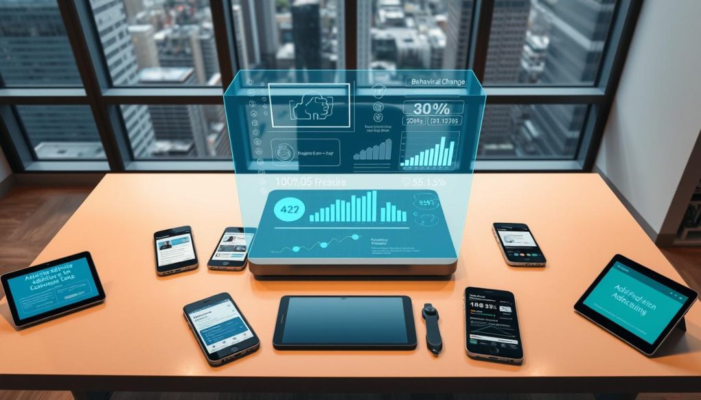 A modern, minimalist office interior with a large window overlooking a cityscape. On the desk, an array of smartphones and tablets, each displaying different mobile app interfaces focused on addiction reduction and behavioral change. Centered on the desk, a holographic projection showcases data visualizations and metrics related to the apps' usage and effectiveness. The lighting is soft and warm, creating a contemplative atmosphere. The angle is a high-angled shot that captures the entire desk setup, emphasizing the technological solutions for addressing addiction through mobile applications. A modern, minimalist office interior with a large window overlooking a cityscape. On the desk, an array of smartphones and tablets, each displaying different mobile app interfaces focused on addiction reduction and behavioral change. Centered on the desk, a holographic projection showcases data visualizations and metrics related to the apps' usage and effectiveness. The lighting is soft and warm, creating a contemplative atmosphere. The angle is a high-angled shot that captures the entire desk setup, emphasizing the technological solutions for addressing addiction through mobile applications.