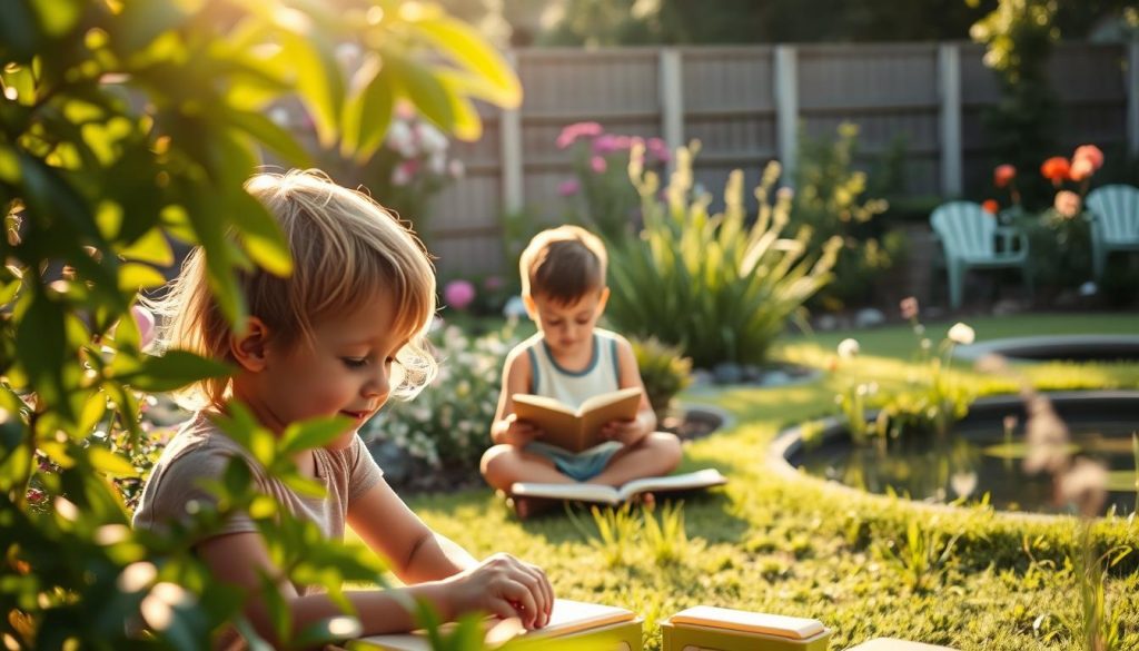 A serene backyard scene with children playing, their expressions conveying resilience in the face of stress. In the foreground, two youngsters engaged in a game, their faces lit by warm sunlight filtering through lush foliage. In the middle ground, a third child sits calmly, contemplating a book. The background is a tranquil garden, with flowers and a small pond reflecting the peaceful atmosphere. The overall tone is one of quiet strength, capturing the ways in which children can harness inner resources to navigate challenging situations. A serene backyard scene with children playing, their expressions conveying resilience in the face of stress. In the foreground, two youngsters engaged in a game, their faces lit by warm sunlight filtering through lush foliage. In the middle ground, a third child sits calmly, contemplating a book. The background is a tranquil garden, with flowers and a small pond reflecting the peaceful atmosphere. The overall tone is one of quiet strength, capturing the ways in which children can harness inner resources to navigate challenging situations.