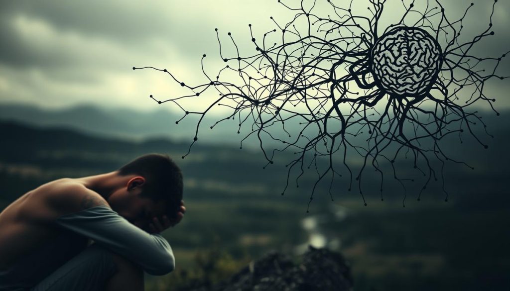 A somber, realistic depiction of the effects of chronic stress on the human body and mind. In the foreground, a weary figure slouches, their face etched with worry and exhaustion. In the middle ground, a tangled web of synapses and neural pathways, representing the bombardment of the brain by stress hormones. In the background, a blurred and fragmented landscape, symbolizing the deterioration of overall health and well-being. Muted colors, dramatic lighting, and a tense, sombre atmosphere convey the weight and consequences of unrelenting stress. Captured with a high-resolution, wide-angle lens to emphasize the scale and gravity of the scene. A somber, realistic depiction of the effects of chronic stress on the human body and mind. In the foreground, a weary figure slouches, their face etched with worry and exhaustion. In the middle ground, a tangled web of synapses and neural pathways, representing the bombardment of the brain by stress hormones. In the background, a blurred and fragmented landscape, symbolizing the deterioration of overall health and well-being. Muted colors, dramatic lighting, and a tense, sombre atmosphere convey the weight and consequences of unrelenting stress. Captured with a high-resolution, wide-angle lens to emphasize the scale and gravity of the scene.