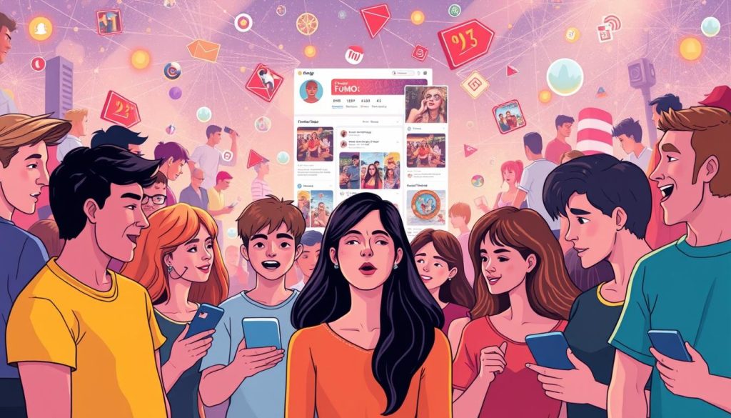 A vibrant and colorful illustration depicting the demographic aspects of the Fear of Missing Out (FoMO). In the foreground, a diverse group of people from various age groups, backgrounds, and digital device usage patterns, expressing a range of emotions from excitement to anxiety. In the middle ground, a social media feed filled with curated, envy-inducing posts, creating a sense of FOMO. In the background, a world of emerging technologies, connectivity, and the fast-paced nature of modern life. Soft, diffused lighting enhances the atmospheric quality, conveying a sense of both connection and isolation. The composition and color palette aim to visually capture the psychological and demographic complexities of the FoMO phenomenon. A vibrant and colorful illustration depicting the demographic aspects of the Fear of Missing Out (FoMO). In the foreground, a diverse group of people from various age groups, backgrounds, and digital device usage patterns, expressing a range of emotions from excitement to anxiety. In the middle ground, a social media feed filled with curated, envy-inducing posts, creating a sense of FOMO. In the background, a world of emerging technologies, connectivity, and the fast-paced nature of modern life. Soft, diffused lighting enhances the atmospheric quality, conveying a sense of both connection and isolation. The composition and color palette aim to visually capture the psychological and demographic complexities of the FoMO phenomenon.