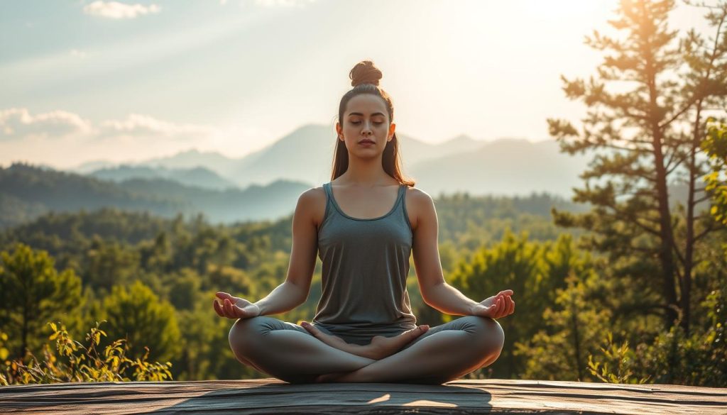 An image of a person sitting in a meditative pose, surrounded by a serene, nature-inspired landscape. The foreground features the figure in a state of tranquility, with a calm expression and relaxed posture. The middle ground showcases a lush, verdant forest with rays of soft, warm light filtering through the canopy. In the background, a distant mountain range stands tall, creating a sense of scale and harmony. The overall atmosphere conveys a feeling of inner peace, resilience, and connection with the natural world. An image of a person sitting in a meditative pose, surrounded by a serene, nature-inspired landscape. The foreground features the figure in a state of tranquility, with a calm expression and relaxed posture. The middle ground showcases a lush, verdant forest with rays of soft, warm light filtering through the canopy. In the background, a distant mountain range stands tall, creating a sense of scale and harmony. The overall atmosphere conveys a feeling of inner peace, resilience, and connection with the natural world.