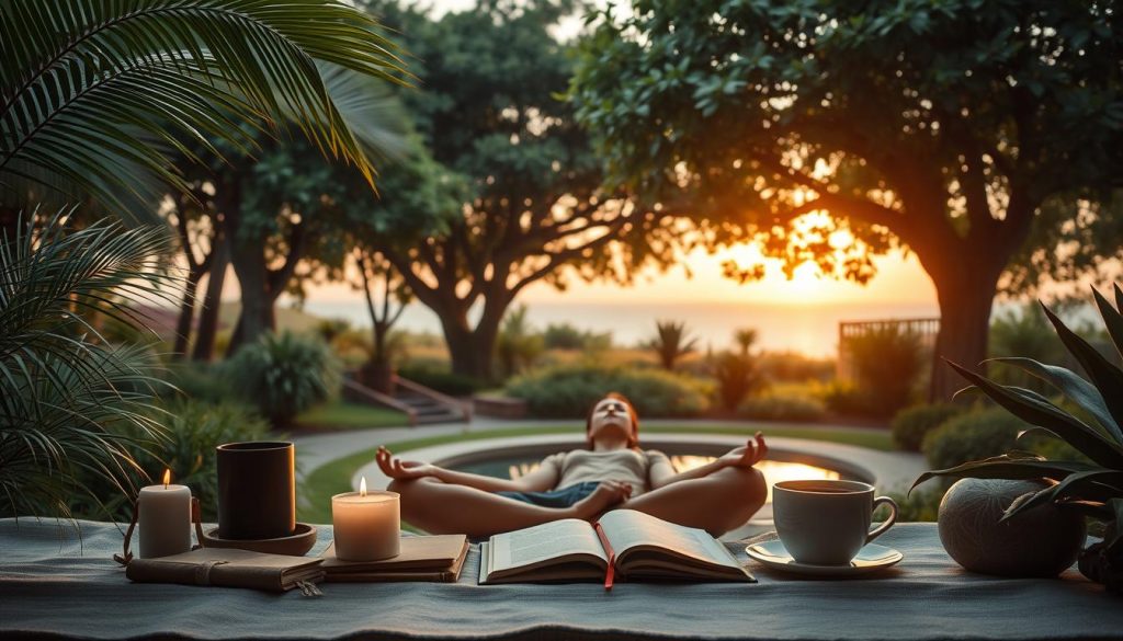 A peaceful, tranquil scene depicting various mental health coping mechanisms. In the foreground, a person sitting in a meditative pose, eyes closed, hands in a relaxed gesture. Surrounding them, an array of self-care items such as a scented candle, a journal, and a cup of soothing tea. In the middle ground, a lush, verdant garden with swaying trees and a calming water feature. The lighting is soft and natural, creating a serene, therapeutic atmosphere. In the background, a distant horizon with a warm, glowing sunset, symbolizing the journey towards mental well-being. The overall composition evokes a sense of inner calm, balance, and mindfulness. A peaceful, tranquil scene depicting various mental health coping mechanisms. In the foreground, a person sitting in a meditative pose, eyes closed, hands in a relaxed gesture. Surrounding them, an array of self-care items such as a scented candle, a journal, and a cup of soothing tea. In the middle ground, a lush, verdant garden with swaying trees and a calming water feature. The lighting is soft and natural, creating a serene, therapeutic atmosphere. In the background, a distant horizon with a warm, glowing sunset, symbolizing the journey towards mental well-being. The overall composition evokes a sense of inner calm, balance, and mindfulness.