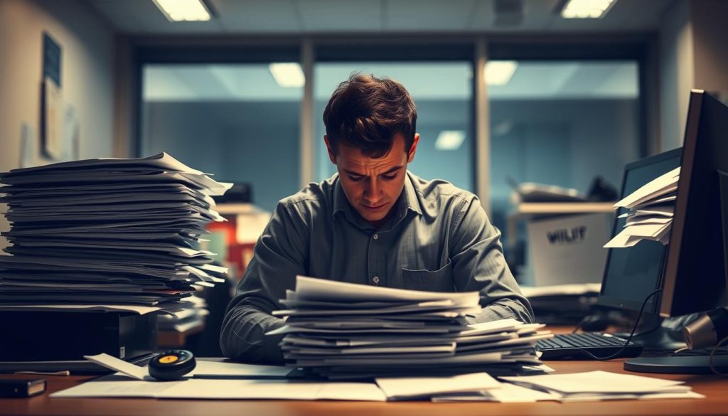 A person sitting at a desk, overwhelmed by a stack of papers, computer, and other office clutter. Harsh, fluorescent lighting casts sharp shadows, creating a sense of tension and pressure. The individual's face is hidden, shoulders hunched, reflecting the physical and emotional toll of work-related stress. In the background, a blurred window suggests the outside world, a reminder of the disconnect between the demanding office environment and the need for balance and relaxation. The scene conveys the impact of stress on daily life, with the chaotic desk and isolated figure conveying the strain of modern work demands. A person sitting at a desk, overwhelmed by a stack of papers, computer, and other office clutter. Harsh, fluorescent lighting casts sharp shadows, creating a sense of tension and pressure. The individual's face is hidden, shoulders hunched, reflecting the physical and emotional toll of work-related stress. In the background, a blurred window suggests the outside world, a reminder of the disconnect between the demanding office environment and the need for balance and relaxation. The scene conveys the impact of stress on daily life, with the chaotic desk and isolated figure conveying the strain of modern work demands.