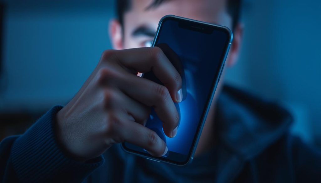 A person's hand clutching a smartphone, their face illuminated by the screen's glow, lost in a trance-like state. The foreground depicts the smartphone's dominance, with the hand and fingers wrapped tightly around the device, signifying a compulsive hold. The middle ground shows the individual's expression, their eyes glazed over and their attention solely focused on the screen, suggesting a disconnect from the physical world. The background fades into a blurred, dimly lit environment, emphasizing the individual's isolation and disconnection from their surroundings. The scene is lit with a cool, bluish tone, evoking a sense of the digital world's allure and the person's inability to break free from its grasp. A person's hand clutching a smartphone, their face illuminated by the screen's glow, lost in a trance-like state. The foreground depicts the smartphone's dominance, with the hand and fingers wrapped tightly around the device, signifying a compulsive hold. The middle ground shows the individual's expression, their eyes glazed over and their attention solely focused on the screen, suggesting a disconnect from the physical world. The background fades into a blurred, dimly lit environment, emphasizing the individual's isolation and disconnection from their surroundings. The scene is lit with a cool, bluish tone, evoking a sense of the digital world's allure and the person's inability to break free from its grasp.