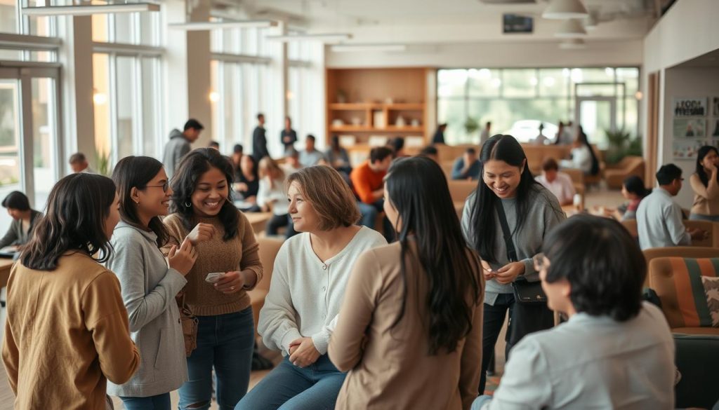 A warm, inviting scene of a tight-knit community gathering in a cozy, well-lit public space. In the foreground, a group of diverse individuals converse animatedly, their body language exuding a sense of camaraderie and support. The middle ground features an assortment of cozy seating areas, with people engaged in activities like reading, playing games, or sharing a meal. The background depicts a softly lit, open-plan space with large windows, allowing natural light to flood the area and create a serene, welcoming atmosphere. The overall mood is one of comfort, belonging, and the feeling of being part of a supportive network. A warm, inviting scene of a tight-knit community gathering in a cozy, well-lit public space. In the foreground, a group of diverse individuals converse animatedly, their body language exuding a sense of camaraderie and support. The middle ground features an assortment of cozy seating areas, with people engaged in activities like reading, playing games, or sharing a meal. The background depicts a softly lit, open-plan space with large windows, allowing natural light to flood the area and create a serene, welcoming atmosphere. The overall mood is one of comfort, belonging, and the feeling of being part of a supportive network.