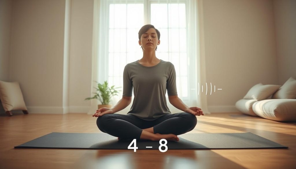 A serene indoor setting with soft, natural lighting filtering through a large window, creating a calm atmosphere for practicing the 4-7-8 breathing technique. In the foreground, a person seated cross-legged on a comfortable yoga mat, dressed in modest casual clothing, is demonstrating the breathing technique with their eyes gently closed and hands resting on their knees. The middle ground features a small indoor plant and a subtle illustration of breath flow patterns, symbolizing the inhalation and exhalation stages. In the background, a peaceful room with minimalistic decor, such as soft cushions and warm tones, enhances the sense of tranquility. The overall mood of the image is calming and inviting, reflecting the essence of anxiety relief through mindful breathwork.