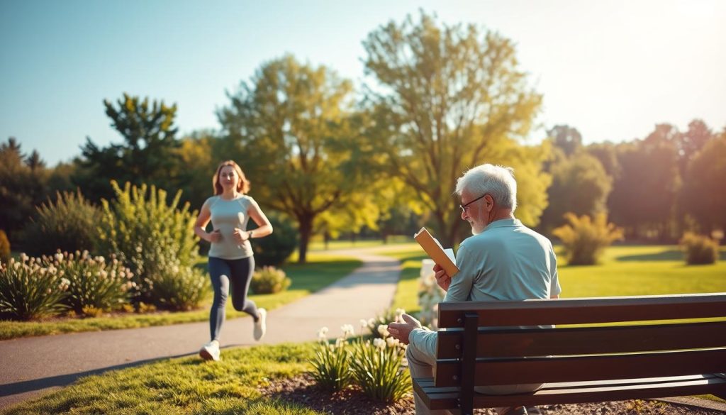 A serene park scene showcasing individuals engaging in healthy habits. In the foreground, a diverse group of three people—a young woman practicing yoga, a middle-aged man jogging, and an older person reading on a bench—each embodying focus and wellness. In the middle, lush greenery surrounds a walking path, with blooming flowers adding splashes of color. The background features softly blurred trees under a bright blue sky, with the sun casting gentle, warm light that creates a peaceful atmosphere. The angle captures the group dynamically, emphasizing movement and camaraderie in health. The mood is uplifting and motivating, showcasing a harmonious balance between physical activity and mental well-being, evoking a sense of community and positivity. A serene park scene showcasing individuals engaging in healthy habits. In the foreground, a diverse group of three people—a young woman practicing yoga, a middle-aged man jogging, and an older person reading on a bench—each embodying focus and wellness. In the middle, lush greenery surrounds a walking path, with blooming flowers adding splashes of color. The background features softly blurred trees under a bright blue sky, with the sun casting gentle, warm light that creates a peaceful atmosphere. The angle captures the group dynamically, emphasizing movement and camaraderie in health. The mood is uplifting and motivating, showcasing a harmonious balance between physical activity and mental well-being, evoking a sense of community and positivity.
