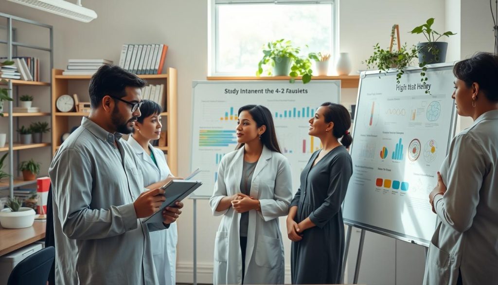 A serene research laboratory filled with natural light, showcasing a diverse group of professionals in modest casual clothing, engaged in anxiety treatment research. In the foreground, a researcher is demonstrating the 4-7-8 breathing technique on a tablet, while another takes notes. The middle ground features a large whiteboard filled with colorful charts, graphs, and diagrams illustrating study results on breathwork and anxiety relief. In the background, shelves lined with scientific journals and plants add warmth to the environment. Soft, diffused lighting creates a calm atmosphere, with an emphasis on collaboration and innovation. The scene should evoke a feeling of hope and progress in mental health research.