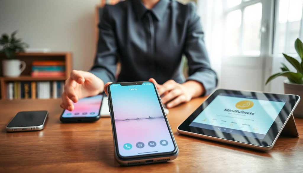 A serene workspace featuring various digital wellbeing apps displayed on sleek smartphone screens and tablets. In the foreground, a smartphone showcases a calming app interface with gentle pastel colors, while a tablet shows a mindfulness tracking app, both resting on a wooden desk. In the middle, a pair of hands in professional attire gently interact with the devices, displaying a sense of focus and intent. The background features a well-organized shelf filled with books on mindfulness and productivity, bathed in soft, natural light that filters through a window, creating an inviting and peaceful atmosphere. The overall mood conveys tranquility and support, emphasizing the importance of digital tools for enhancing wellbeing and breaking mobile addiction patterns. A serene workspace featuring various digital wellbeing apps displayed on sleek smartphone screens and tablets. In the foreground, a smartphone showcases a calming app interface with gentle pastel colors, while a tablet shows a mindfulness tracking app, both resting on a wooden desk. In the middle, a pair of hands in professional attire gently interact with the devices, displaying a sense of focus and intent. The background features a well-organized shelf filled with books on mindfulness and productivity, bathed in soft, natural light that filters through a window, creating an inviting and peaceful atmosphere. The overall mood conveys tranquility and support, emphasizing the importance of digital tools for enhancing wellbeing and breaking mobile addiction patterns.