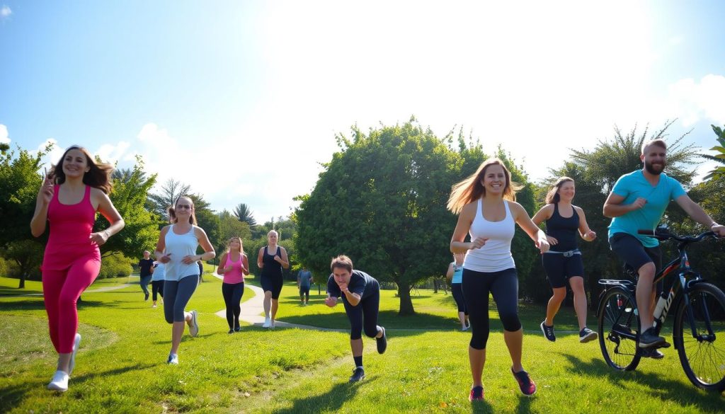 A vibrant outdoor scene capturing the essence of stress relief through exercise. In the foreground, a diverse group of individuals in modest athletic wear engage in various physical activities—jogging, yoga, and cycling—showcasing joy and energy. The middle ground features lush green trees and a winding path, symbolizing a peaceful environment. In the background, a bright blue sky with soft, fluffy clouds adds a sense of openness and freedom. The lighting is warm and inviting, as if illuminated by the late afternoon sun, casting gentle shadows that enhance the sense of movement. The overall mood is uplifting and invigorating, evoking a feeling of harmony and well-being, perfectly highlighting the relationship between exercise and stress relief. A vibrant outdoor scene capturing the essence of stress relief through exercise. In the foreground, a diverse group of individuals in modest athletic wear engage in various physical activities—jogging, yoga, and cycling—showcasing joy and energy. The middle ground features lush green trees and a winding path, symbolizing a peaceful environment. In the background, a bright blue sky with soft, fluffy clouds adds a sense of openness and freedom. The lighting is warm and inviting, as if illuminated by the late afternoon sun, casting gentle shadows that enhance the sense of movement. The overall mood is uplifting and invigorating, evoking a feeling of harmony and well-being, perfectly highlighting the relationship between exercise and stress relief.