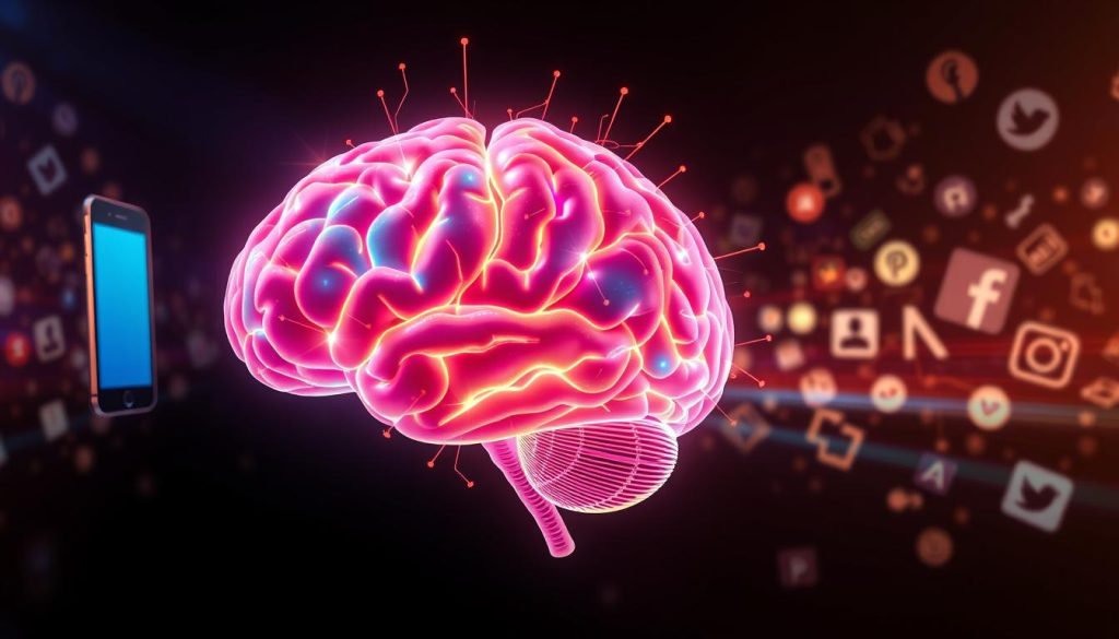 A visually engaging illustration of the dopamine reward system in the brain, focusing specifically on the influences of mobile phone addiction. In the foreground, a stylized brain depicted in vibrant colors, with glowing neural pathways representing dopamine flows. In the middle ground, a smartphone is positioned to the left, emitting soft, radiant light that blends seamlessly into the brain's architecture, suggesting a connection. The background features abstract representations of social media icons as faint images, symbolizing the digital world. The lighting is bright and ethereal, creating a contemporary and scientific atmosphere, while the overall mood feels dynamic and thought-provoking. The composition uses a slight top-down angle, emphasizing the brain's complexity and the smartphone's impact, without any people or text elements.