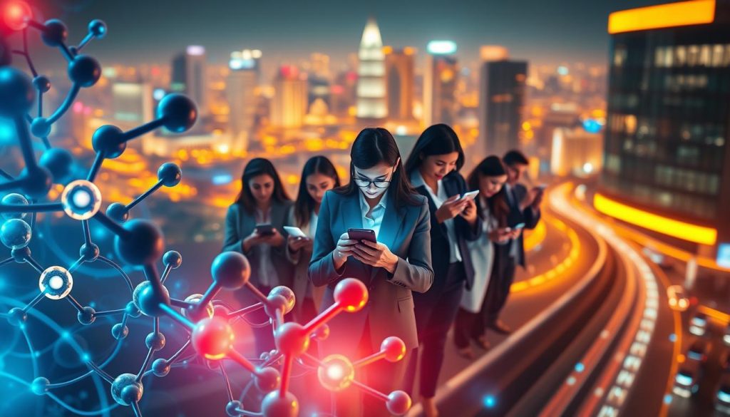 A visually striking representation of dopamine levels symbolizing the impact of cultural factors on mobile phone use. In the foreground, an abstract depiction of dopamine molecules with glowing connections representing neural activity. The middle layer features individuals of diverse backgrounds engaged with their smartphones, dressed in professional business attire, showcasing a blend of curiosity and fascination. In the background, a vibrant cityscape illuminated by neon lights, suggesting a fast-paced digital culture. The atmosphere is energetic and dynamic, with contrasting warm and cool colors to evoke the thrill and anxiety of mobile phone addiction. Soft lighting highlights the molecules and individuals, while a slightly blurred depth of field directs focus towards the plethora of smartphones in use. The image captures the essence of modern life intertwined with brain chemistry.