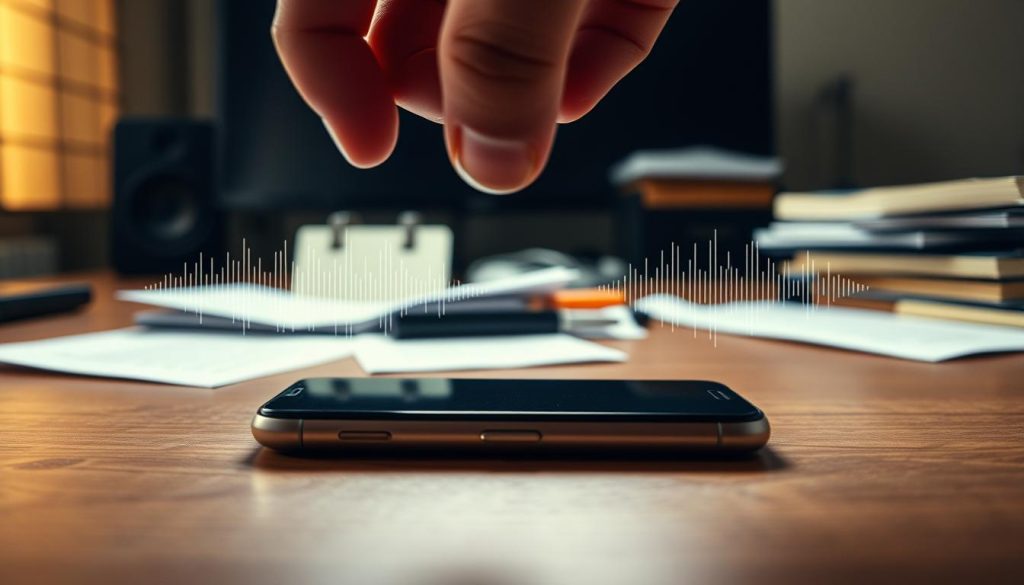 A close-up focus on a modern smartphone lying face down on a wooden desk, with subtle vibrations shown as distorted lines emanating from the phone to convey phantom notifications. In the foreground, an anxious hand hesitates above the device, fingers curling as if ready to pick it up, showcasing the tension associated with smartphone addiction. The middle layer features a slightly blurred calendar and scattered to-do notes, symbolizing stress and distraction. In the background, a dimly lit room adds a moody atmosphere, with soft shadows highlighting the clutter on a desk. The lighting is warm yet muted, creating an urgent but contemplative feel, emphasizing the psychological impact of phantom vibrations. The image aims to evoke feelings of anxiety intertwined with technology dependence.