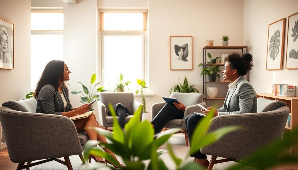 A peaceful and inviting office space, emphasizing a serene mental health check-in atmosphere. In the foreground, a diverse group of three professionals—two women and one man—sitting in a circle on comfortable chairs, all dressed in smart casual attire. They are engaged in a supportive discussion while holding notebooks and laughter rings subtly in the air. In the middle ground, a large window allows warm natural light to flood the room, illuminating soft green plants that embody tranquility. The background features calming artwork on the walls and a shelf filled with wellness books. The overall mood is uplifting and encouraging, suggesting a safe space for mental well-being. Capture this scene with a slight depth of field, focusing on the group while keeping the background softly blurred to enhance the intimate atmosphere.
