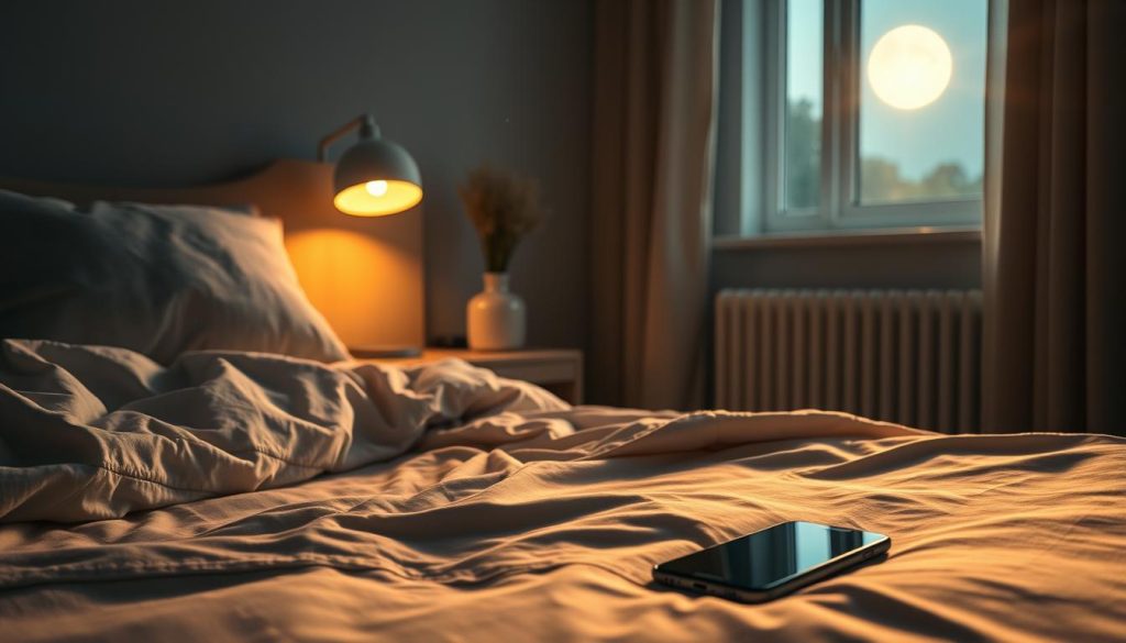 A serene bedroom scene that evokes a sense of calm and tranquility. In the foreground, a cozy bed with soft, rumpled sheets and a plush blanket, pillows casually arranged. A modern bedside table holds a glowing lamp casting a warm golden light, alongside a smartphone face-down, its screen dark. The middle ground features a window partially open, allowing gentle moonlight to filter in, illuminating dust motes dancing softly in the air. In the background, minimalistic decor enhances the peaceful ambiance, with calming colors like soft blues and creams. The atmosphere is tranquil and dreamlike, suggesting a space of restful sleep, free from distractions, encouraging a break from technology. The scene is captured with a slightly elevated angle, providing a warm, inviting perspective.