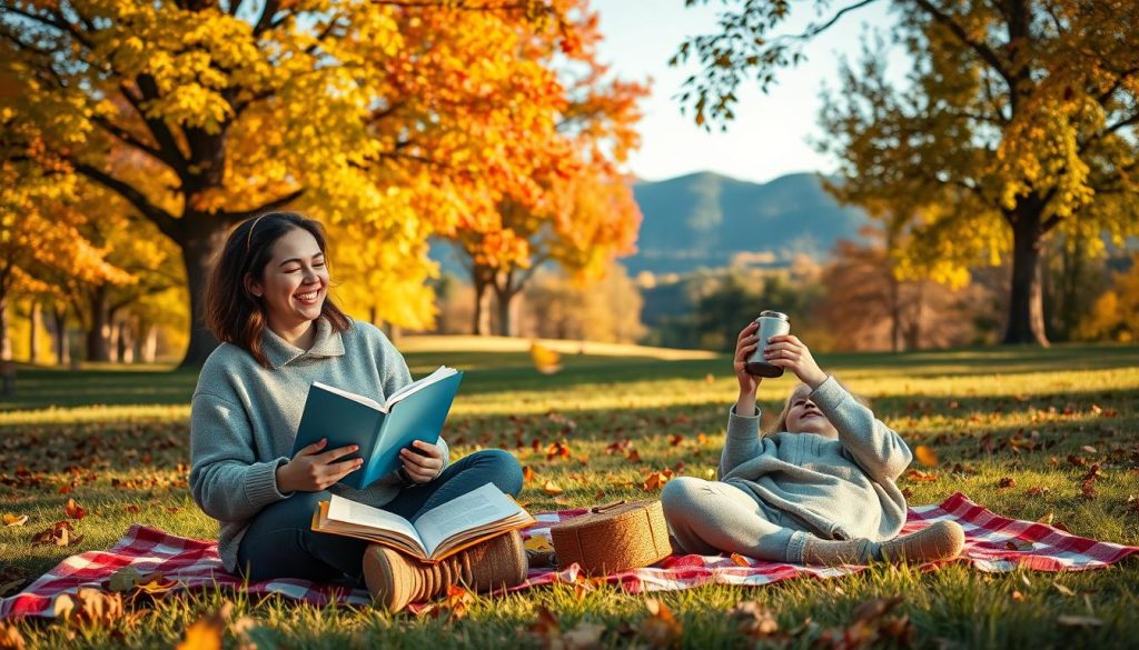 A serene park scene depicting two friends enjoying quality time together, sitting on a picnic blanket surrounded by nature. In the foreground, one friend is laughing as they share a book, while the other sips tea from a thermos, both dressed in comfortable, modest casual clothing. In the middle ground, colorful trees create a vibrant autumn ambiance, with leaves gently falling. Soft sunlight filters through the branches, casting a warm glow on the scene. The background features distant hills and a clear blue sky, enhancing the sense of tranquility. The overall mood conveys peace, joy, and connection, illuminated by soft golden hour lighting for a cozy atmosphere.