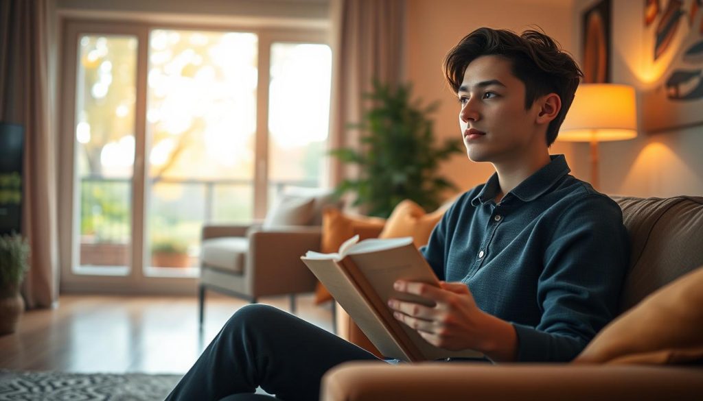 A serene scene capturing a moment of reflection, featuring an individual sitting on a cozy couch in a warmly lit living room. The foreground shows the person, a young adult in professional casual clothing, with a gentle expression of contemplation, holding a gratitude journal. In the middle ground, a window reveals a peaceful garden outside, the trees subtly swaying in a soft breeze. The background is adorned with warm, inviting colors, enhancing an atmosphere of calmness and clarity. The lighting is soft, with warm hues spilling in from the window, creating a tranquil ambiance. The entire composition evokes a sense of joy found in simplicity and mindfulness, contrasting with the frenetic energy of digital distractions, illustrating the concept of Joy Missing in today's fast-paced world.