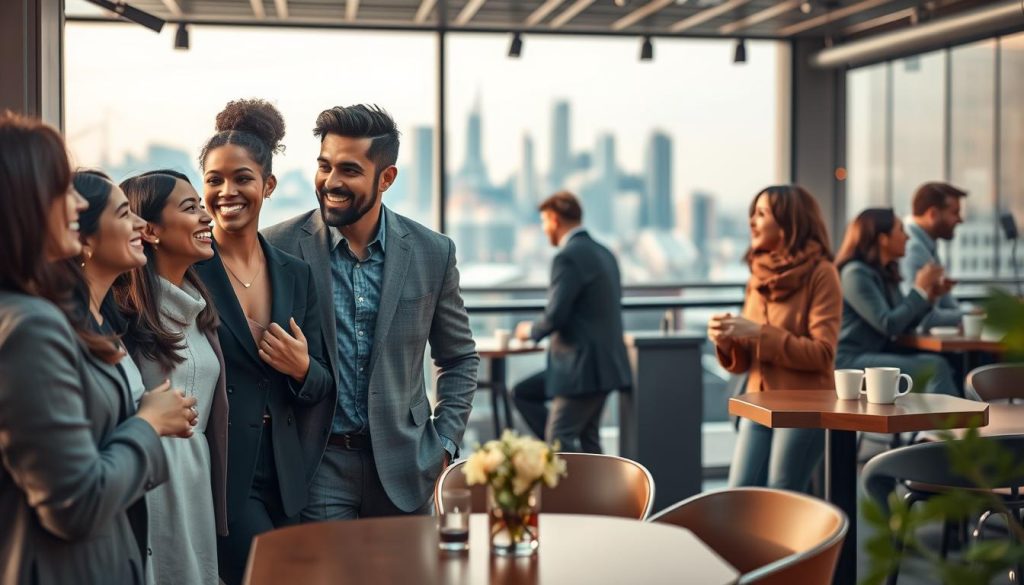 A vibrant and interconnected visual representation of "relationships" in a modern urban setting. In the foreground, a diverse group of individuals—dressed in professional business attire and modest casual clothing—shares a joyful moment, engaging in conversation and laughter, symbolizing the strength of human connections. In the middle ground, couples and friends interact over coffee at a cozy café, showcasing the everyday intimacy and support in relationships. The background features a skyline of a bustling city, hinting at the constant flow of life and connection in a digital age. Soft, warm lighting filters through, creating an inviting atmosphere, while a shallow depth of field focuses on the connections, evoking a sense of warmth, belonging, and the subtle dynamics of human interaction.