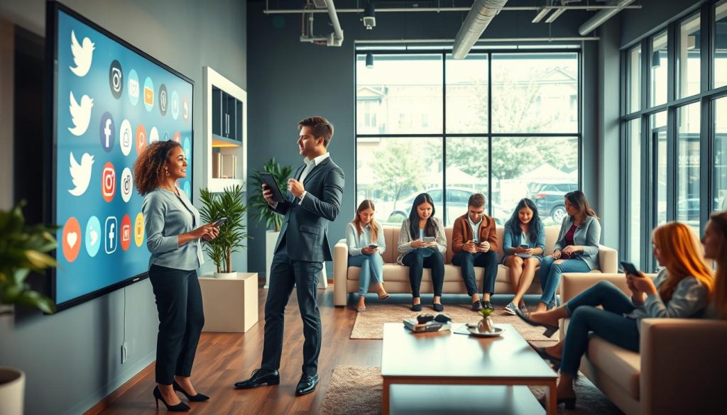 A vibrant, dynamic scene capturing the essence of social media as a powerful tool for connection and engagement. In the foreground, a professional woman and a man dressed in smart casual attire are actively discussing ideas beside a large screen displaying social media icons, like Twitter birds and Instagram cameras. In the middle ground, a diverse group of individuals sitting on comfortable furniture, engaged with their devices, showcasing interactions, likes, and shares. The background features a bright, modern office environment with large windows letting in natural light, creating an uplifting atmosphere. The overall mood is positive and collaborative, highlighting the transition from FoMo to JoMo. The image should have a slightly blurred background to focus on the subjects, with warm lighting emphasizing a sense of community and connection.