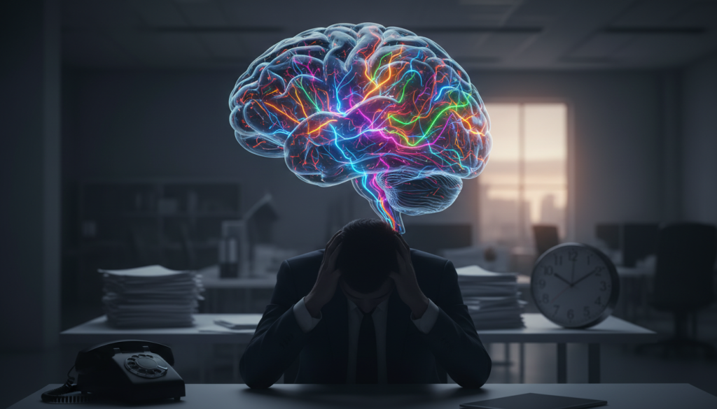 A close-up view of a human brain illuminated with neural pathways pulsating in vibrant colors, symbolizing the stress response. In the foreground, the silhouette of a person in professional attire, sitting at a desk with hands on their head, conveying a sense of overwhelm. The middle layer features a soft, blurred depiction of various stressors like papers, a ringing phone, and a clock, representing the pressures accumulating around the individual. In the background, a dark, moody office environment with low lighting to emphasize the tension and anxiety, while a faint light glows from a window, suggesting hope. The overall atmosphere is tense yet dynamic, capturing the interplay between anxiety in the mind and body.