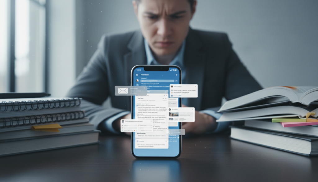 A close-up view of a smartphone positioned on a sleek, modern office desk, with a cluttered background of study materials such as notebooks and textbooks. The phone's screen displays a variety of open apps, showcasing emails and notifications, suggesting overwhelming multitasking. In the middle ground, a blurred image of a person in professional attire appears to be looking at the phone, their expression tense, reflecting deep concentration and slight frustration. Soft, diffused natural light streams in from a nearby window, casting gentle shadows and creating a calm yet tense atmosphere. The overall color palette features cool tones, emphasizing a sense of focus and cognitive load. The angle captures both the phone and the person, highlighting their interaction and the potential distractions of mobile technology.