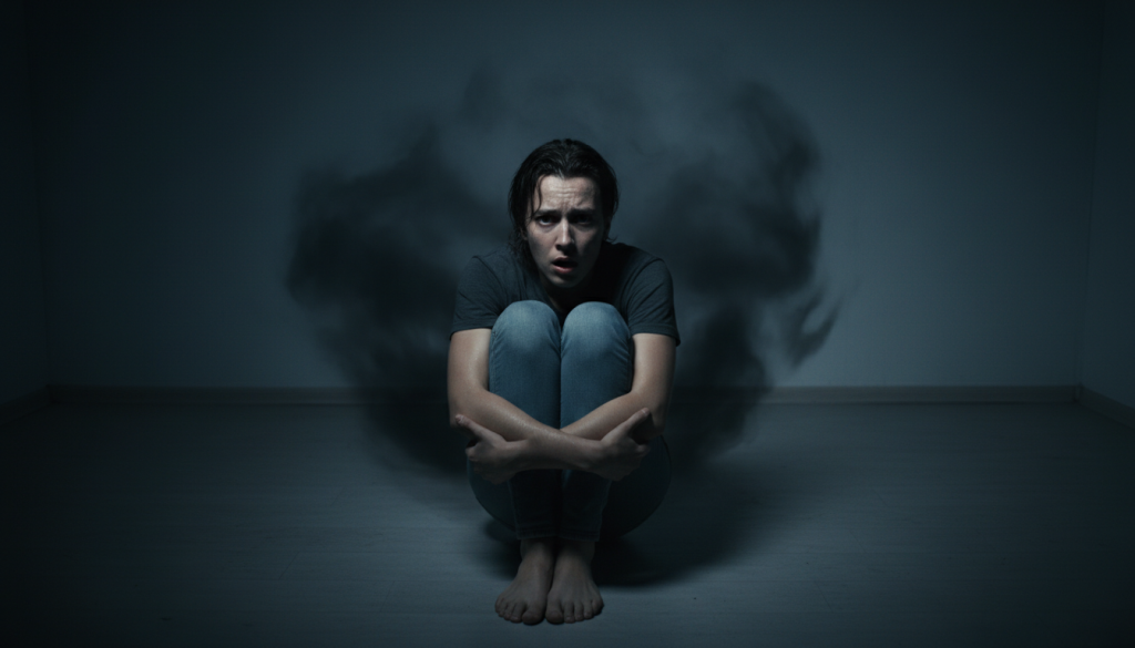 A person experiencing a panic attack, sitting on the floor of a dimly lit room, their hands clasped tightly around their knees, eyes wide with fear. The foreground includes a subtle portrayal of sweat beads forming on their forehead, emphasizing the physical symptoms of anxiety. In the middle ground, a soft, blurred dark shadow looms, representing overwhelming fear, while the background features muted colors to create a sense of isolation and urgency. The lighting should be low and dramatic, casting sharp contrasts that highlight the person’s expression, and the perspective should be slightly from above to convey a sense of vulnerability. The overall mood is tense and anxious, capturing the sudden spike of fear that defines panic attacks.
