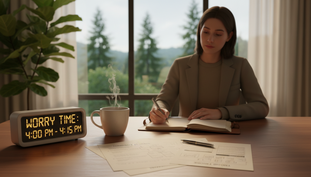A serene office space, gently illuminated by soft, warm lighting, creating a calming atmosphere. In the foreground, a neatly organized desk features a clock showing a designated "worry time," papers with structured notes, and a steaming mug of tea, symbolizing control over anxiety. In the middle, a person dressed in smart, casual business attire sits with a thoughtful expression, pen in hand, preparing to schedule their thoughts in a planner. The background reveals a large window with a view of nature, suggesting tranquility, while subtle elements like a potted plant add freshness. The overall mood is one of calmness and empowerment, illustrating the process of gaining control over anxiety through intentional scheduling.