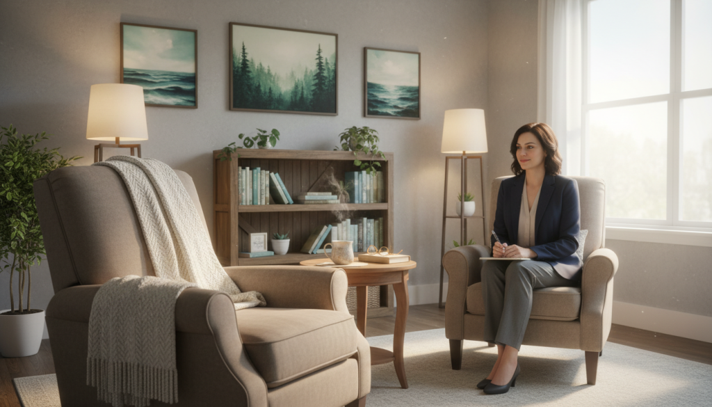 A serene therapy room set up for a calm and inviting atmosphere. In the foreground, a comfortable therapy chair with a soft throw blanket, accompanied by a small side table holding a steaming cup of herbal tea. In the middle ground, a therapist in professional business attire sits across from the chair, actively listening and taking notes on a notepad. The background features soft, warm lighting from floor lamps, framed calming nature artwork on the walls, and a shelf filled with books on mental health and well-being. A large window allows natural light to pour in, illuminating the peaceful space. The overall mood is tranquil, supportive, and encouraging, reflecting the theme of therapy and treatment.