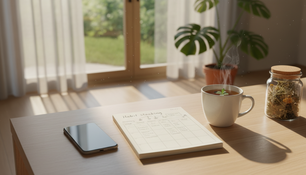 A serene workspace featuring a modern smartphone resting on a wooden desk, seamlessly blending into an inviting environment. In the foreground, a notepad is open, filled with habit-tracking notes, and a warm cup of herbal tea sits nearby, symbolizing healthy alternatives to phone use. The middle ground showcases a soft-focus plant, enhancing a natural, calming atmosphere. In the background, a sunlit window filters golden light, casting gentle shadows that evoke tranquility. The image captures a sense of peaceful productivity, highlighting the theme of habit stacking and promoting a shift towards healthier behaviors. The overall mood is motivating and serene, perfect for a mindfulness-focused piece.