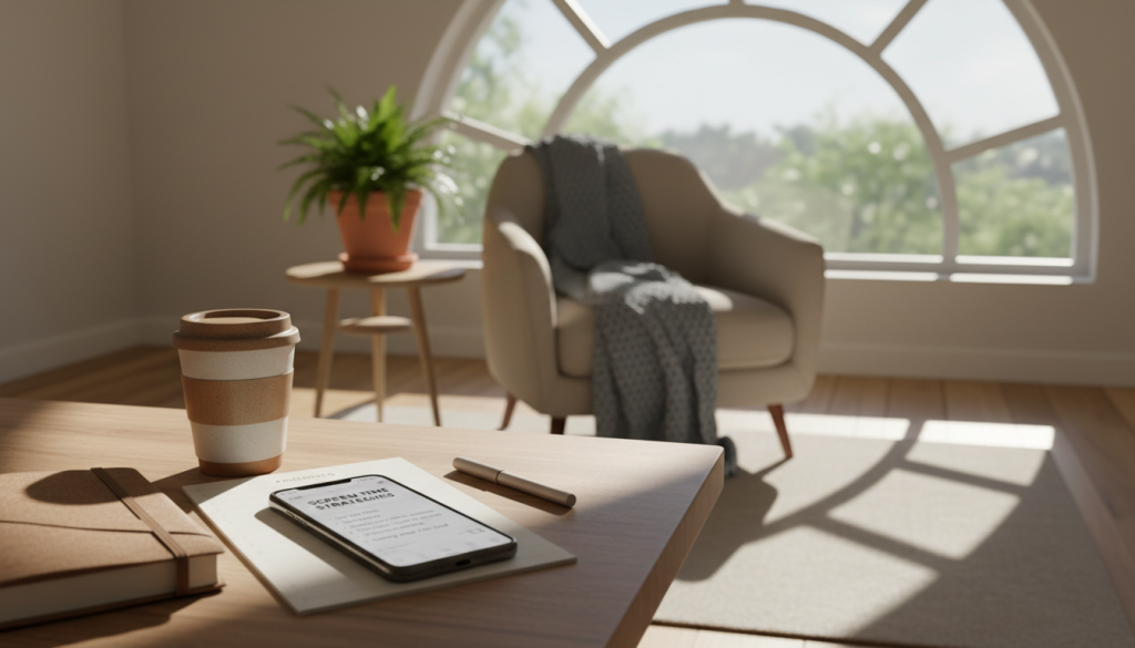 A serene workspace illustrating effective phone usage management tips. In the foreground, a neatly arranged desk features a sleek smartphone with a to-do list of screen time strategies, such as "Set daily limits" and "Take breaks". A stylish planner and a reusable coffee cup suggest productivity. The middle ground shows a cozy chair with a soft throw blanket and a small potted plant, enhancing a calming atmosphere. The background reveals a large window with soft natural light streaming in, casting gentle shadows. The overall mood is focused yet relaxed, promoting a sense of balance in managing technology. Soft, warm lighting invites a sense of tranquility and mindfulness.