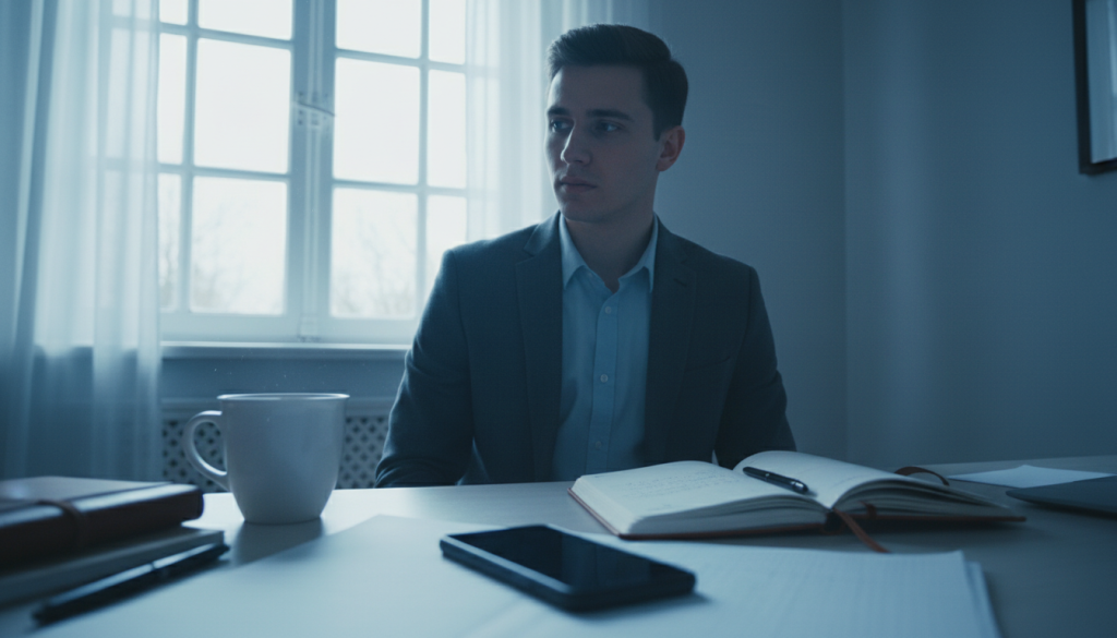 A visual representation of "phone setbacks" in a cozy home office setting. In the foreground, a smartphone lies face down on a cluttered desk, with a coffee cup and a notebook nearby, symbolizing distraction. The middle ground features a young adult in professional business attire, with a contemplative expression, glancing at the phone, embodying the struggle with FOMO and relapse. The background shows a window with soft, natural light flooding in, creating an inviting yet slightly melancholic atmosphere. The overall mood is one of introspection, with a slight blue tint to evoke feelings of withdrawal. The composition captures the tension between the allure of the phone and the desire to embrace healthier habits.